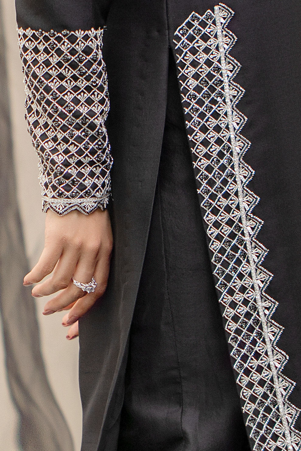 Black Hand Embellished Raw Silk Long Shirt (2-Piece) - Image 3