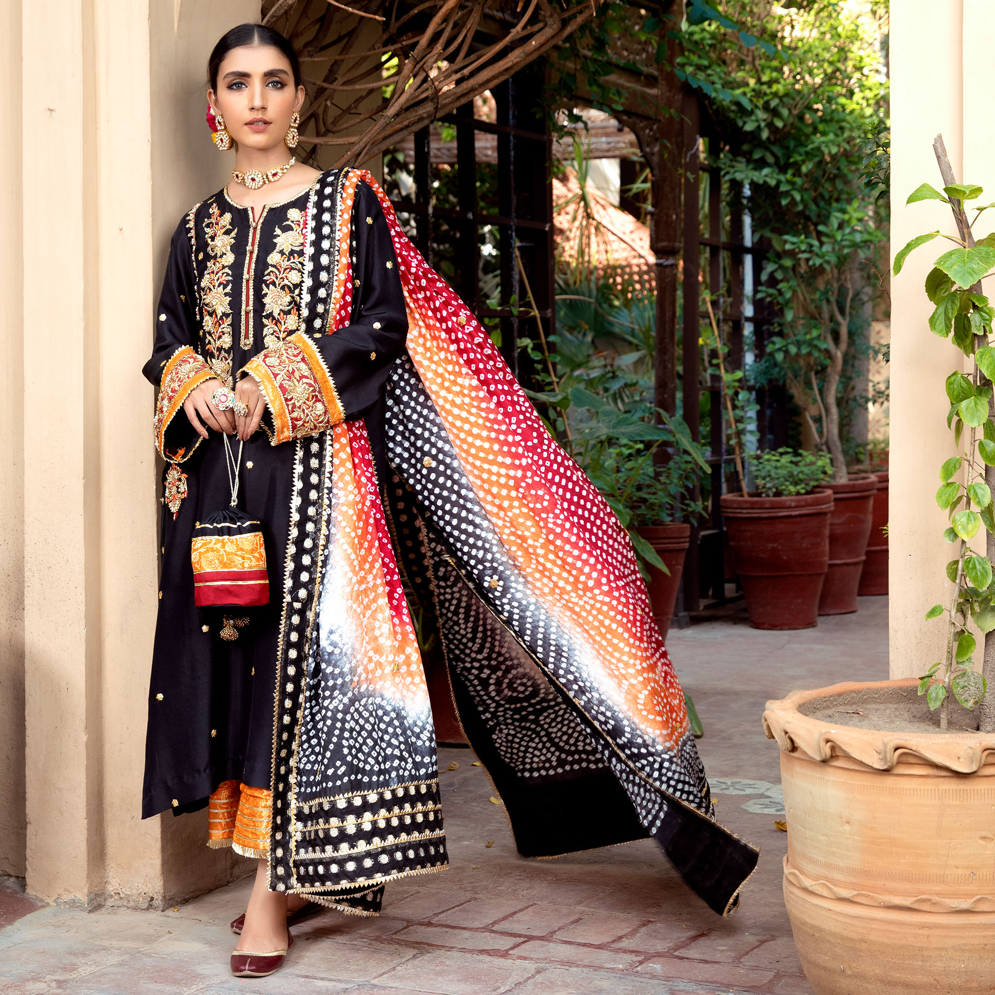 Black Embroidered Pure Raw Silk Kurta (4-Piece) - Image 1