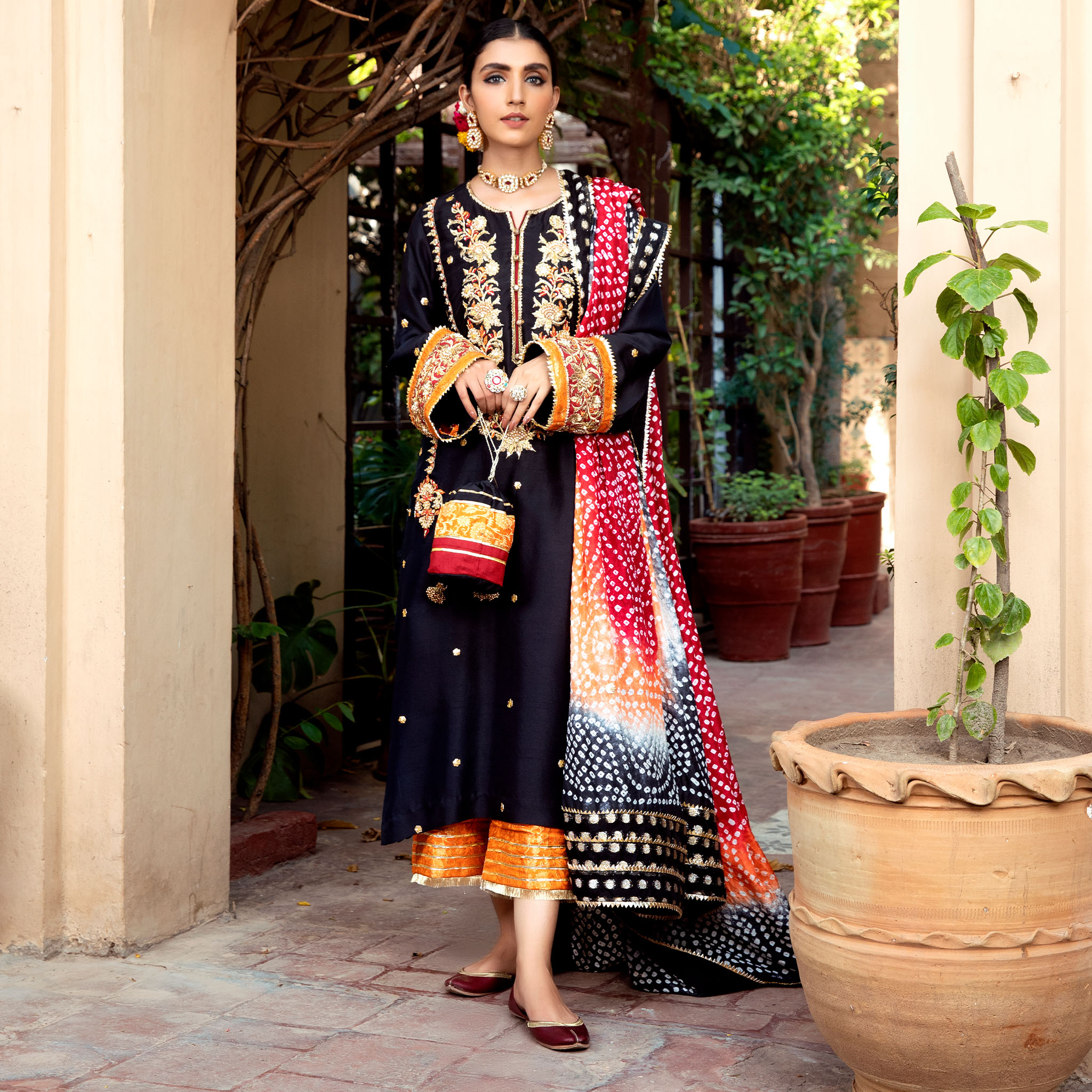 Black Embroidered Pure Raw Silk Kurta (4-Piece) - Image 2