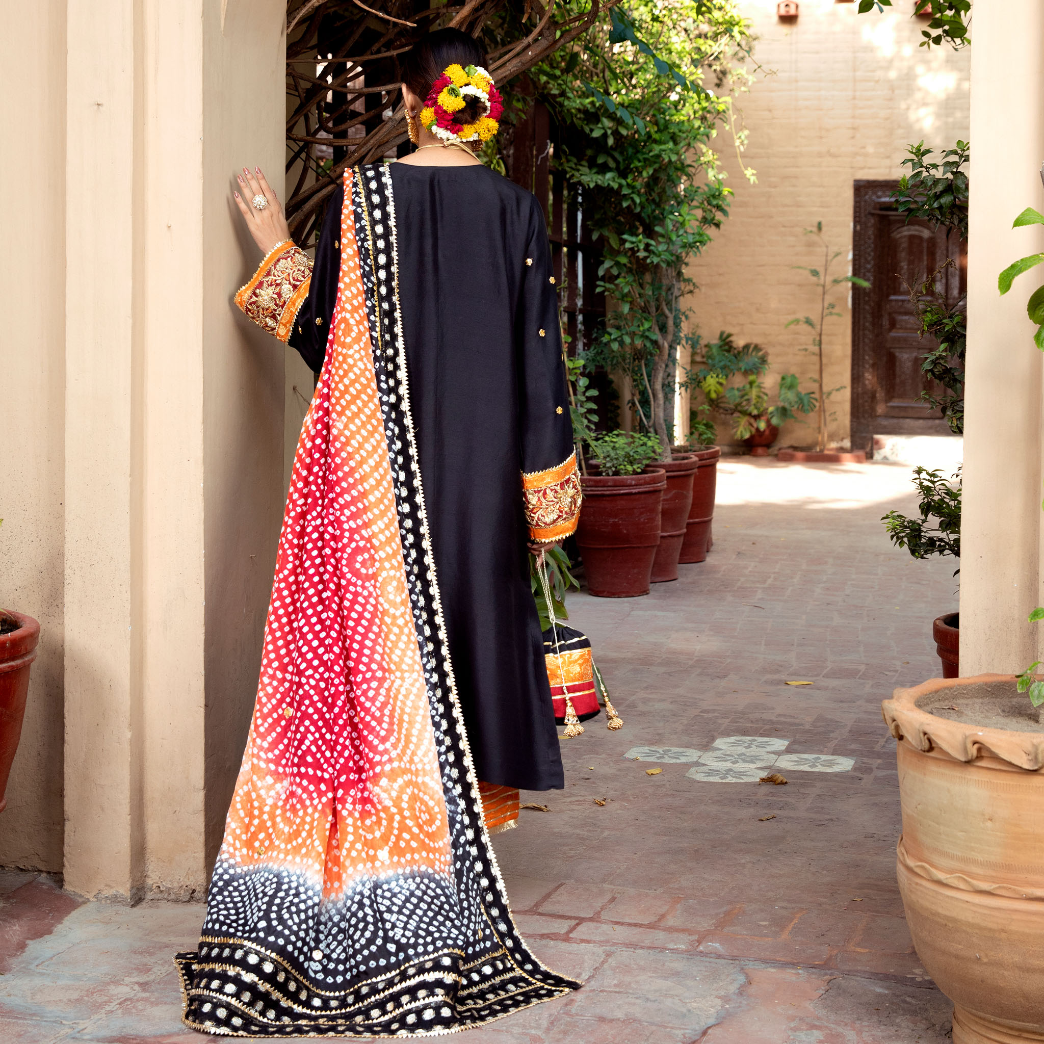 Black Embroidered Pure Raw Silk Kurta (4-Piece) - Image 3