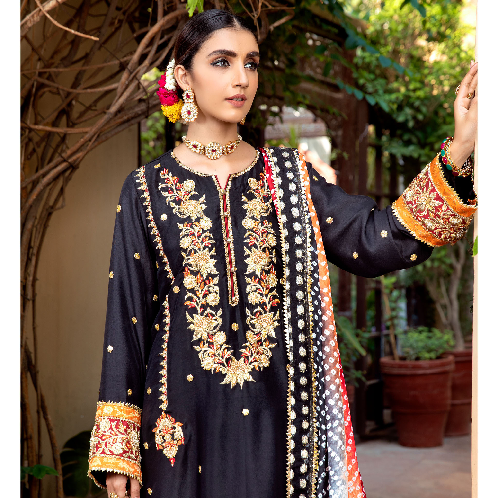 Black Embroidered Pure Raw Silk Kurta (4-Piece) - Image 4