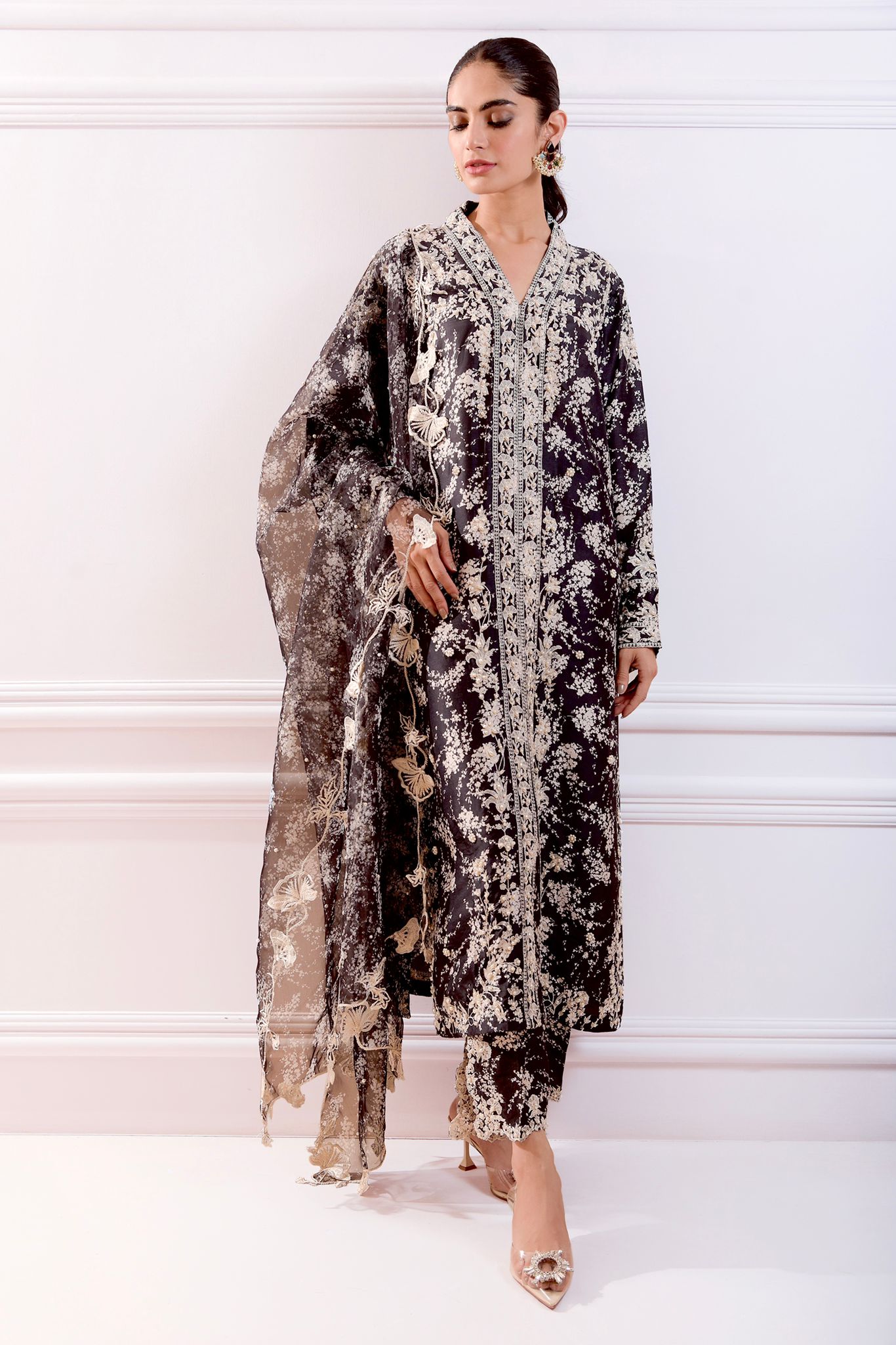 Black Embroidered Pure Raw Silk Salwar Kameez (3-Piece) - Image 1