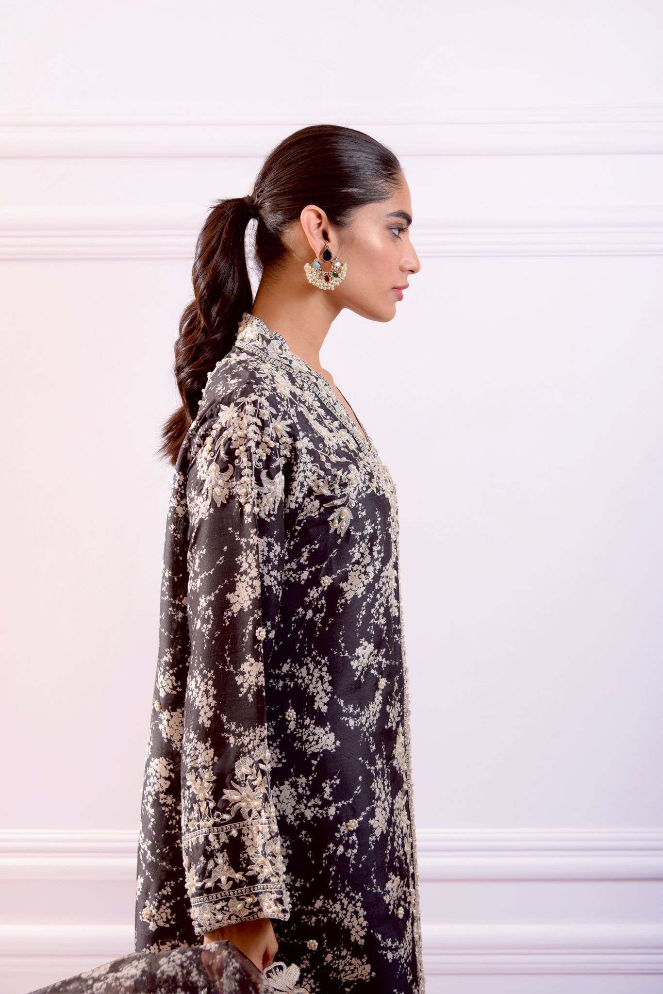 Black Embroidered Pure Raw Silk Salwar Kameez (3-Piece) - Image 2