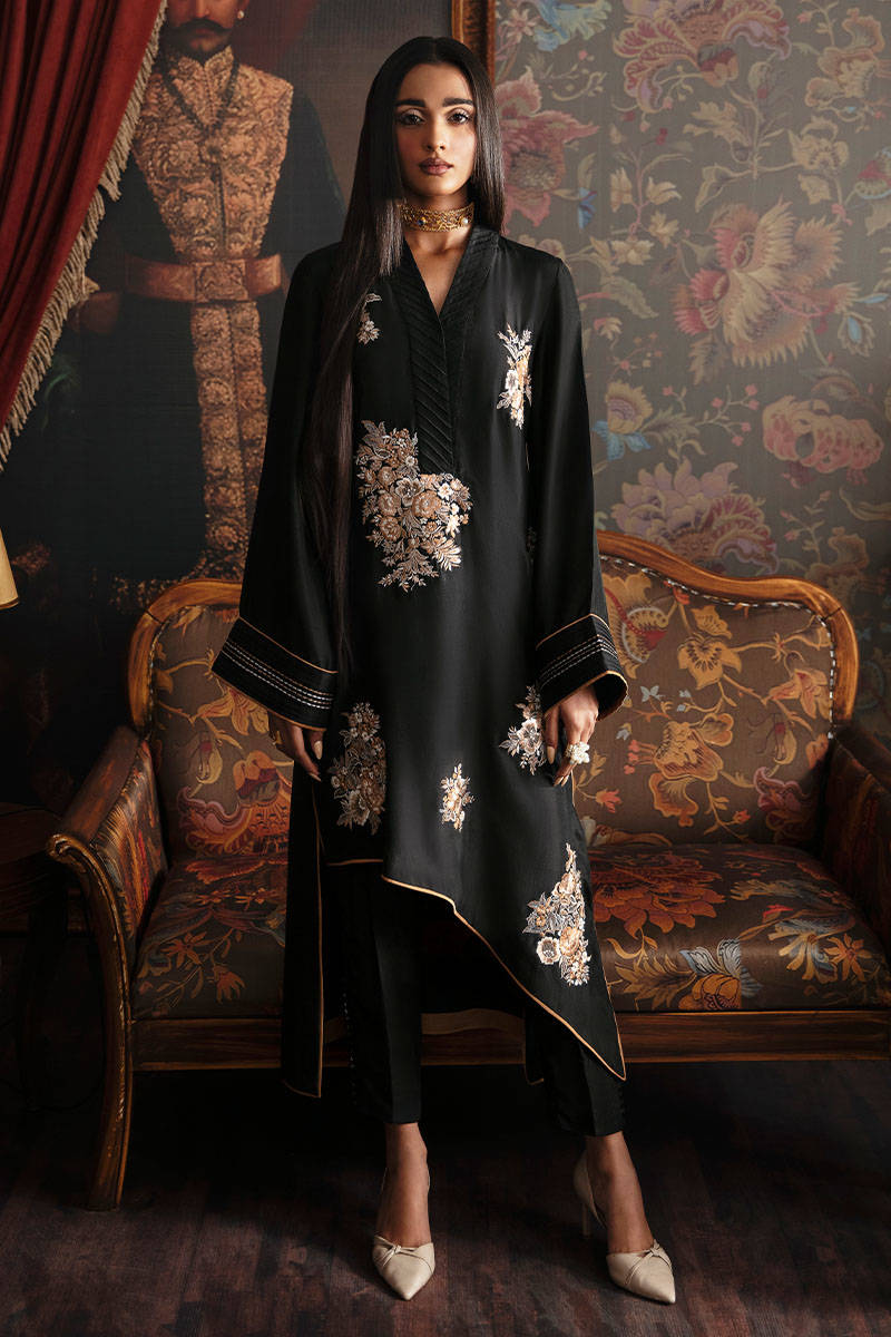 Pakistani Black Floral Embroidered Raw Silk Salwar Kameez (3-Piece) - Image 1