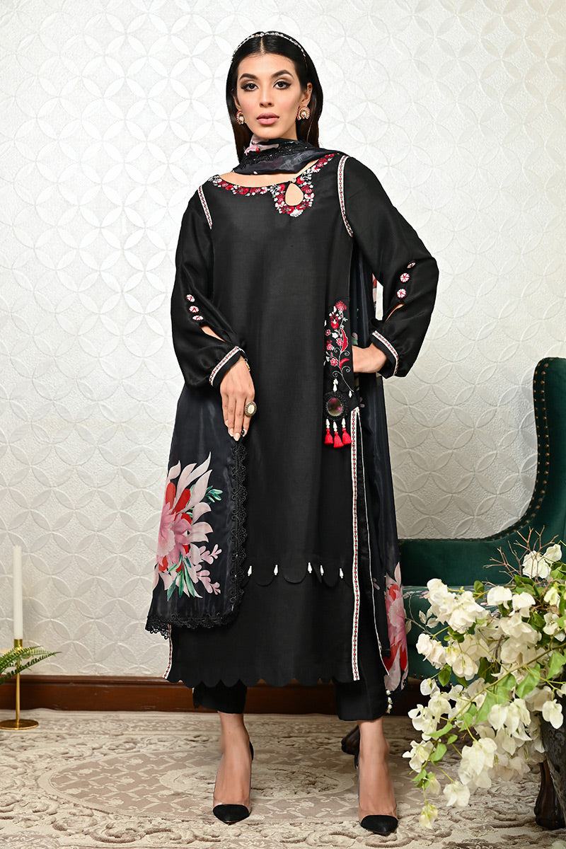 Black Embroidered Pure Raw Silk Salwar Kameez (2-Piece) - Image 1