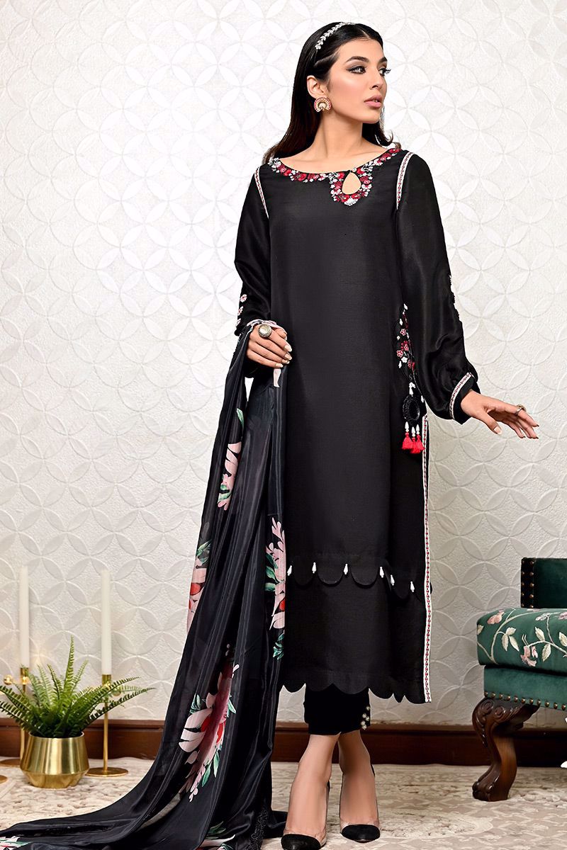 Black Embroidered Pure Raw Silk Salwar Kameez (2-Piece) - Image 10