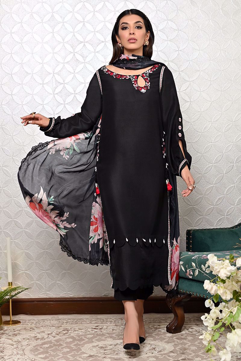 Black Embroidered Pure Raw Silk Salwar Kameez (2-Piece) - Image 11
