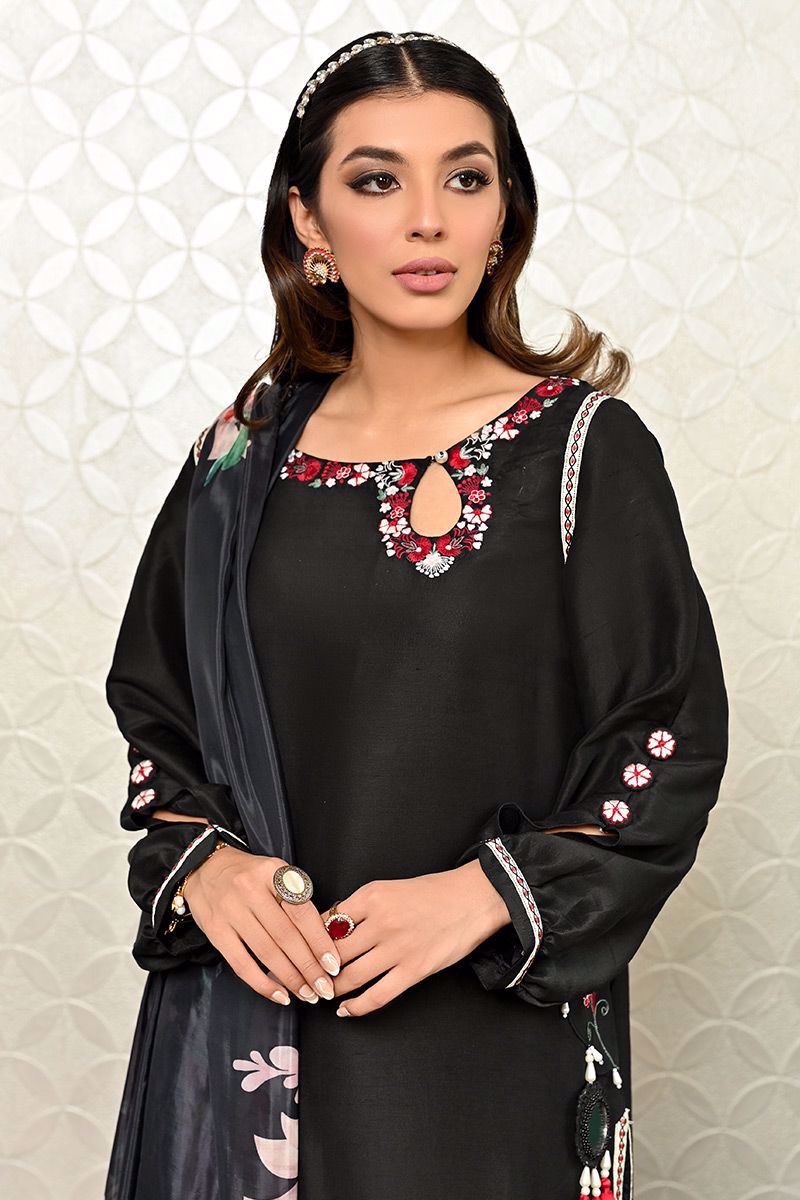Black Embroidered Pure Raw Silk Salwar Kameez (2-Piece) - Image 12