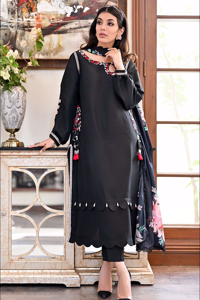 Black Embroidered Pure Raw Silk Salwar Kameez (2-Piece) - Image 13