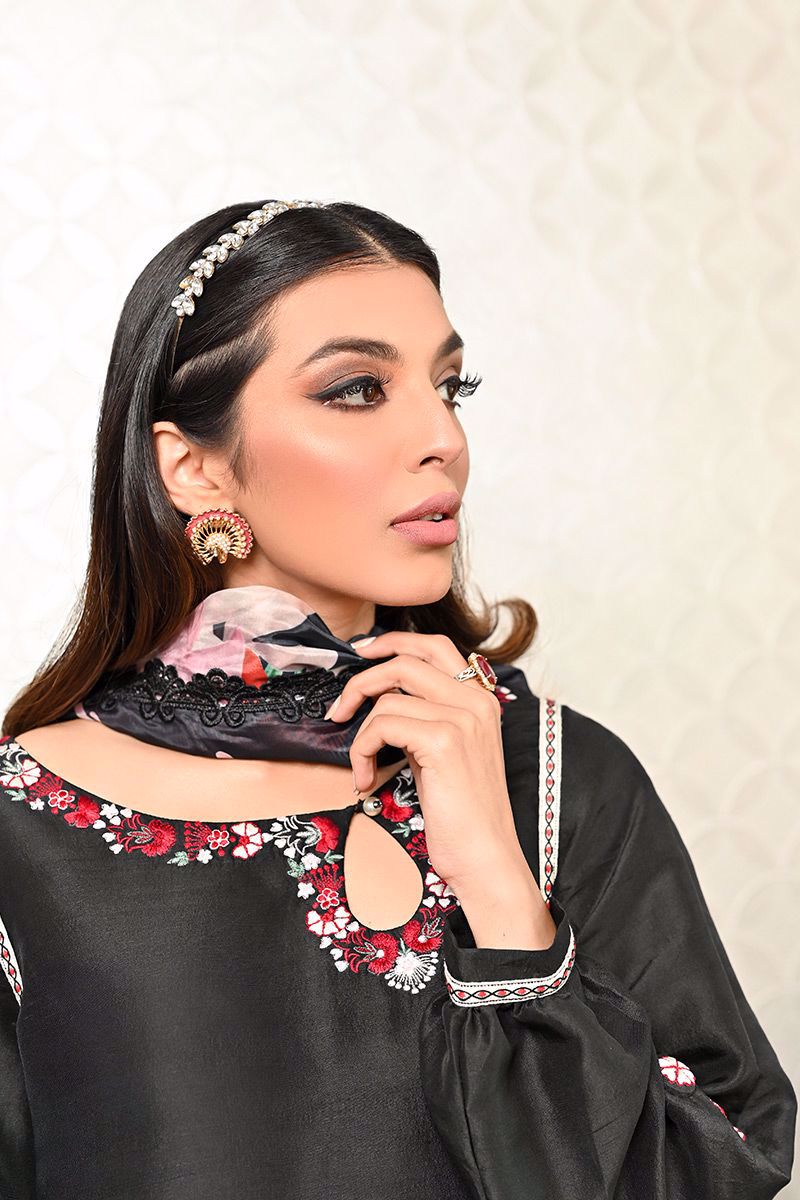 Black Embroidered Pure Raw Silk Salwar Kameez (2-Piece) - Image 14