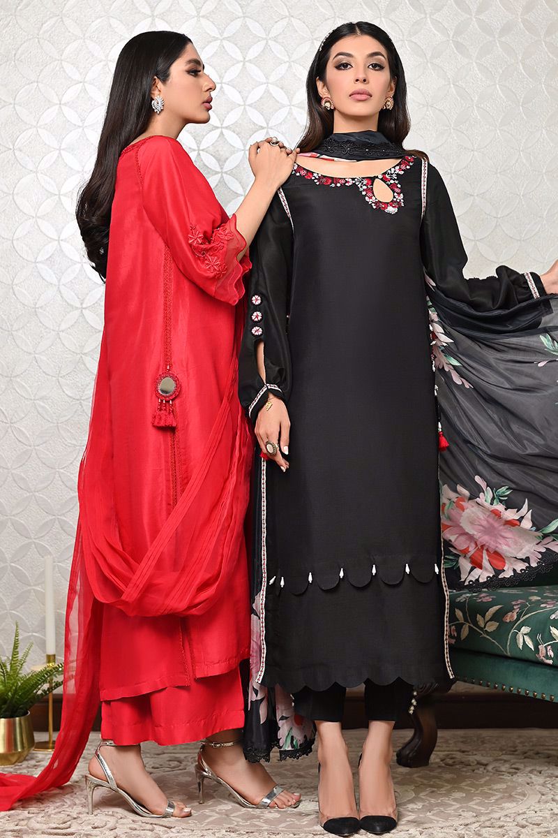 Black Embroidered Pure Raw Silk Salwar Kameez (2-Piece) - Image 15