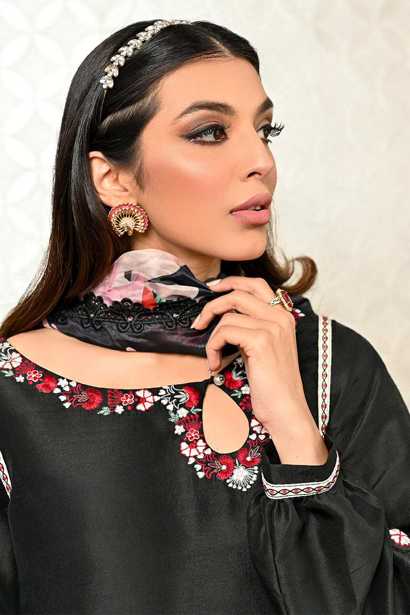 Black Embroidered Pure Raw Silk Salwar Kameez (2-Piece) - Image 3