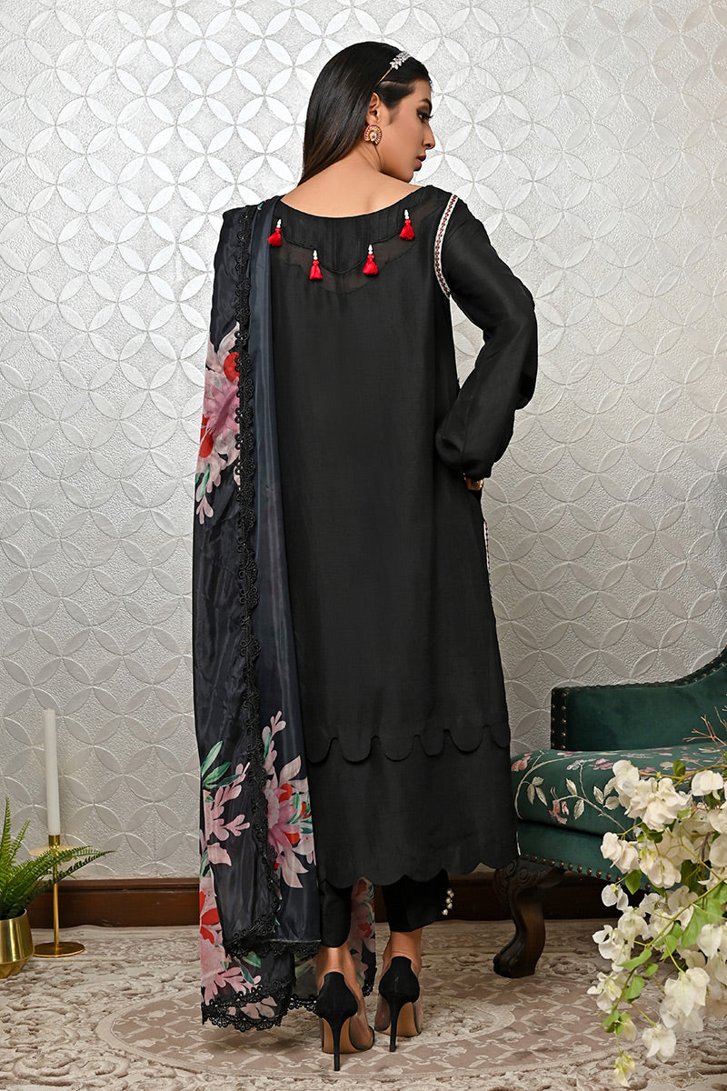 Black Embroidered Pure Raw Silk Salwar Kameez (2-Piece) - Image 4
