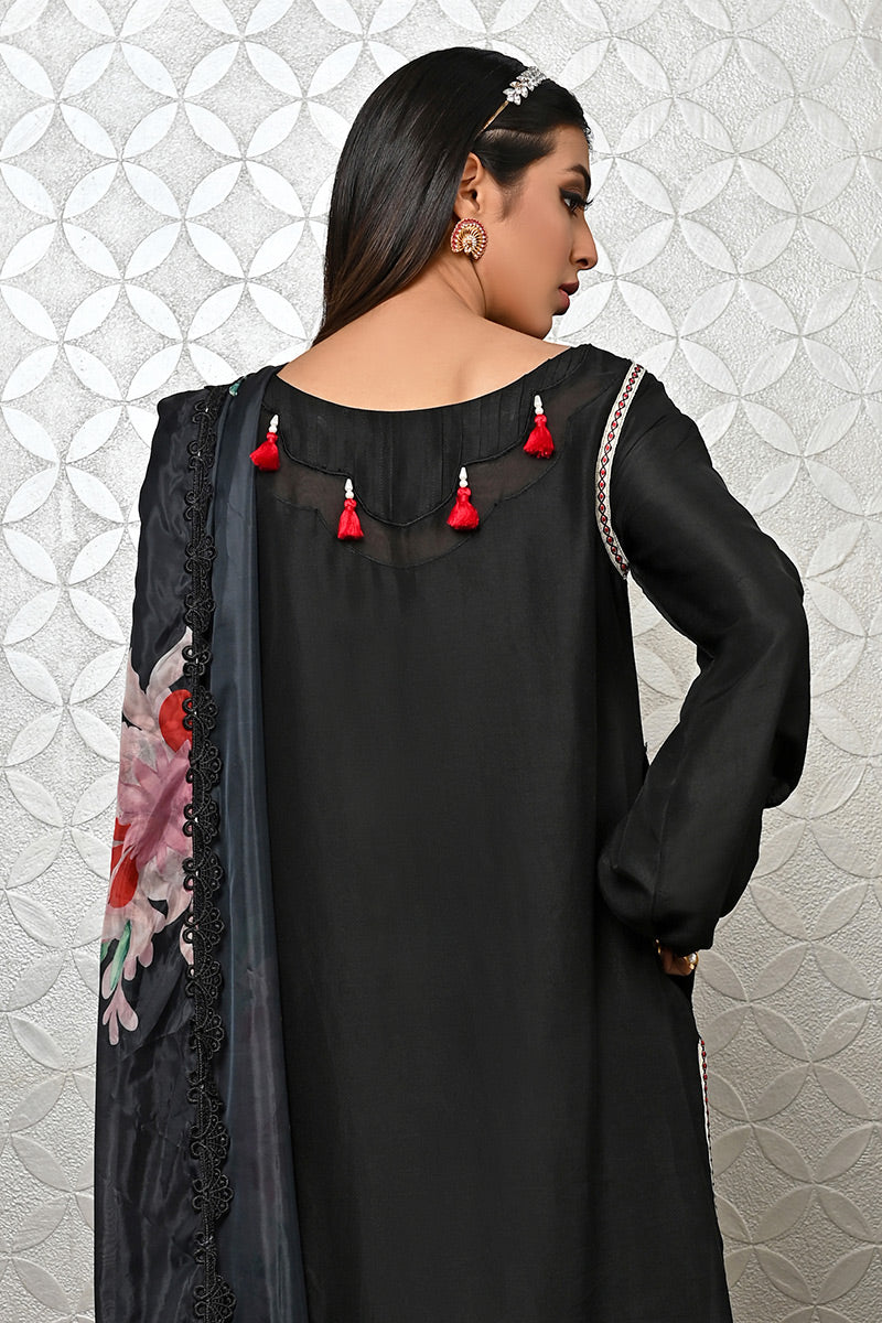 Black Embroidered Pure Raw Silk Salwar Kameez (2-Piece) - Image 5
