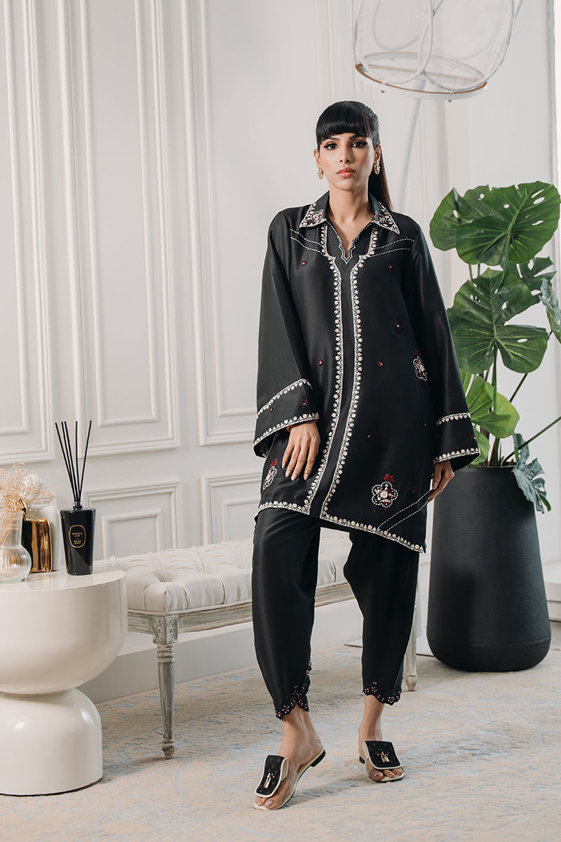 Pakistani Black Ajrak-Inspired Embroidered Silk Salwar Kameez (2-Piece) - Image 1