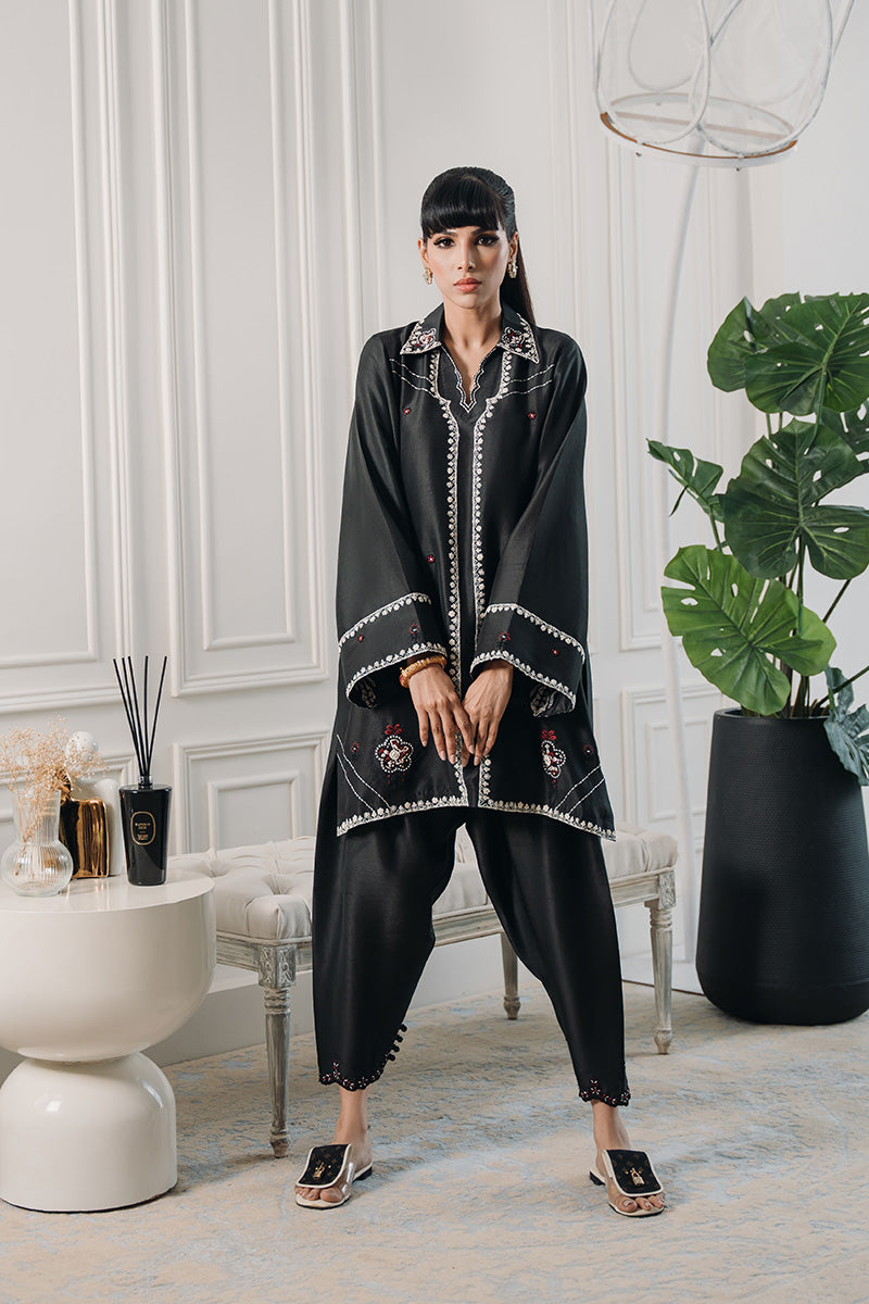 Pakistani Black Ajrak-Inspired Embroidered Silk Salwar Kameez (2-Piece) - Image 3