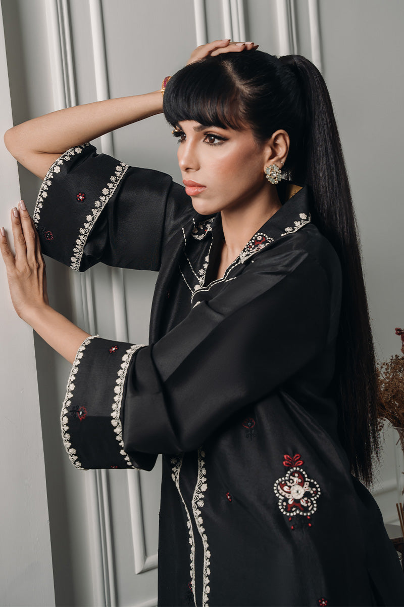 Pakistani Black Ajrak-Inspired Embroidered Silk Salwar Kameez (2-Piece) - Image 4