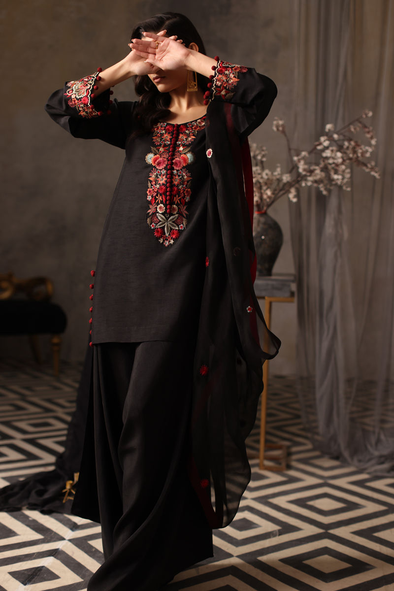 Pakistani Black Embroidered Korean Raw Silk Salwar Kameez (3-Piece) - Image 1