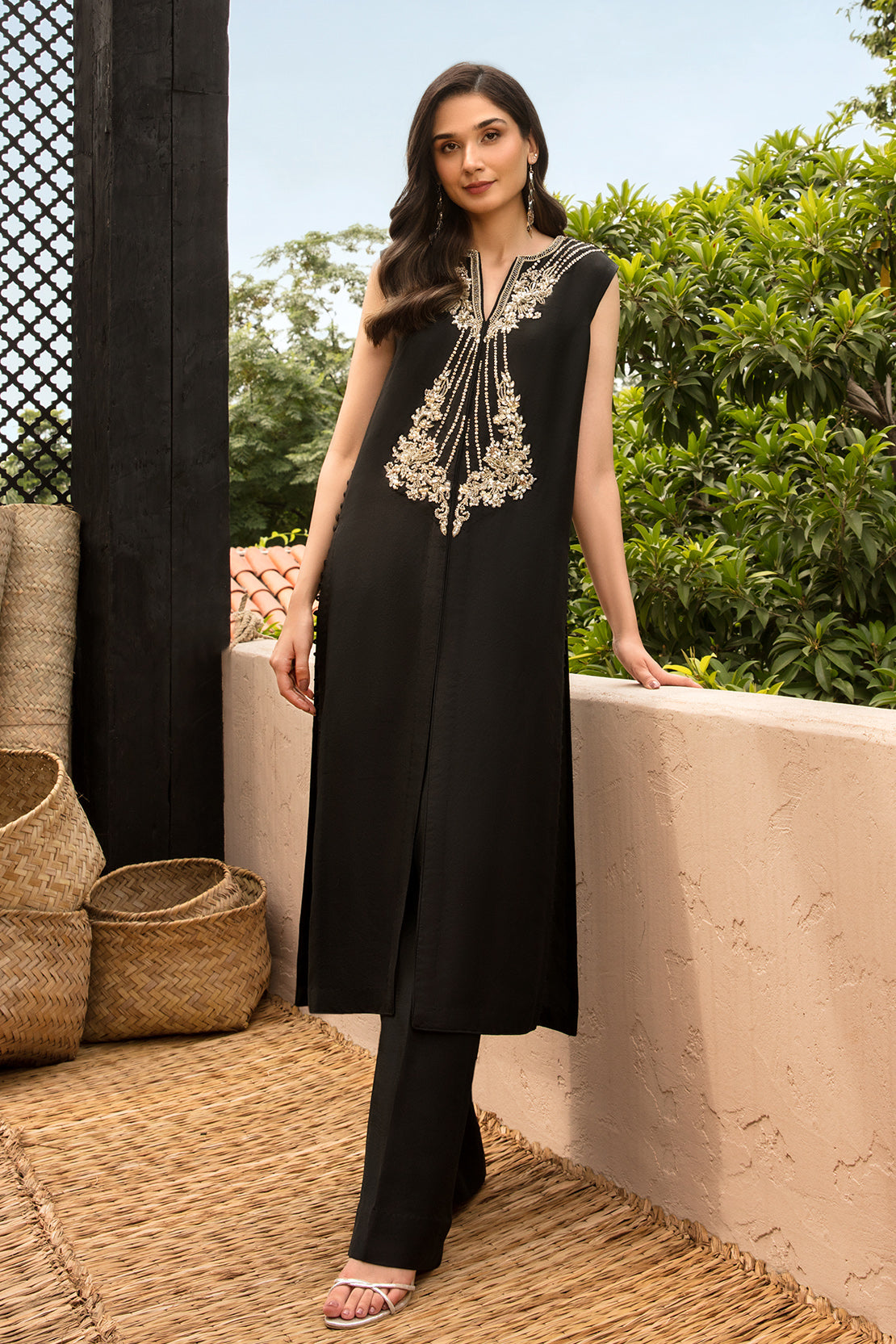 Pakistani Black Embellished Raw Silk Salwar Kameez (3-Piece) - Image 4