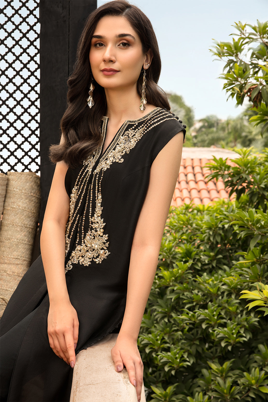 Pakistani Black Embellished Raw Silk Salwar Kameez (3-Piece) - Image 6