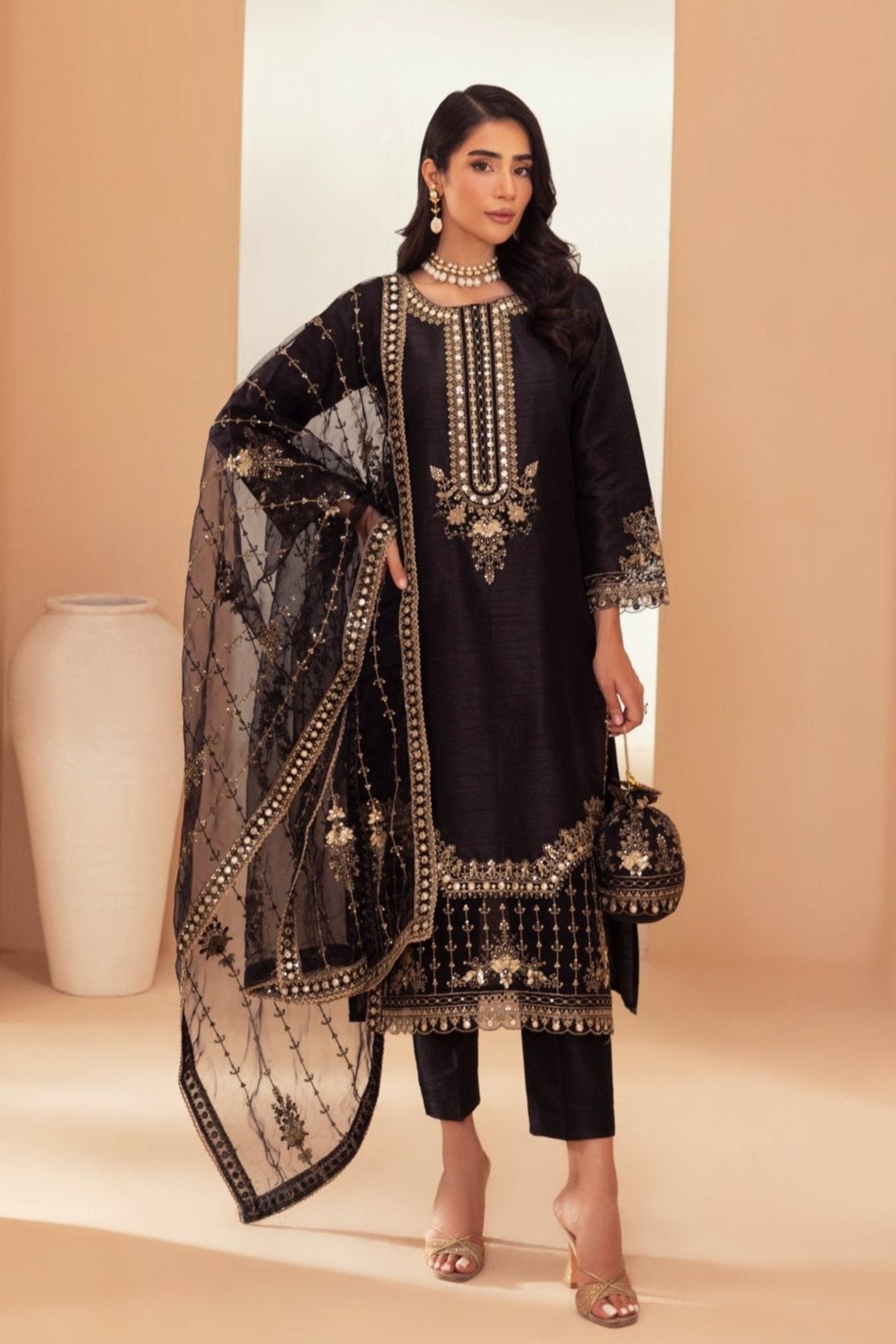 Pakistani Black Embroidered Raw Silk 3-Piece Suit - Image 2