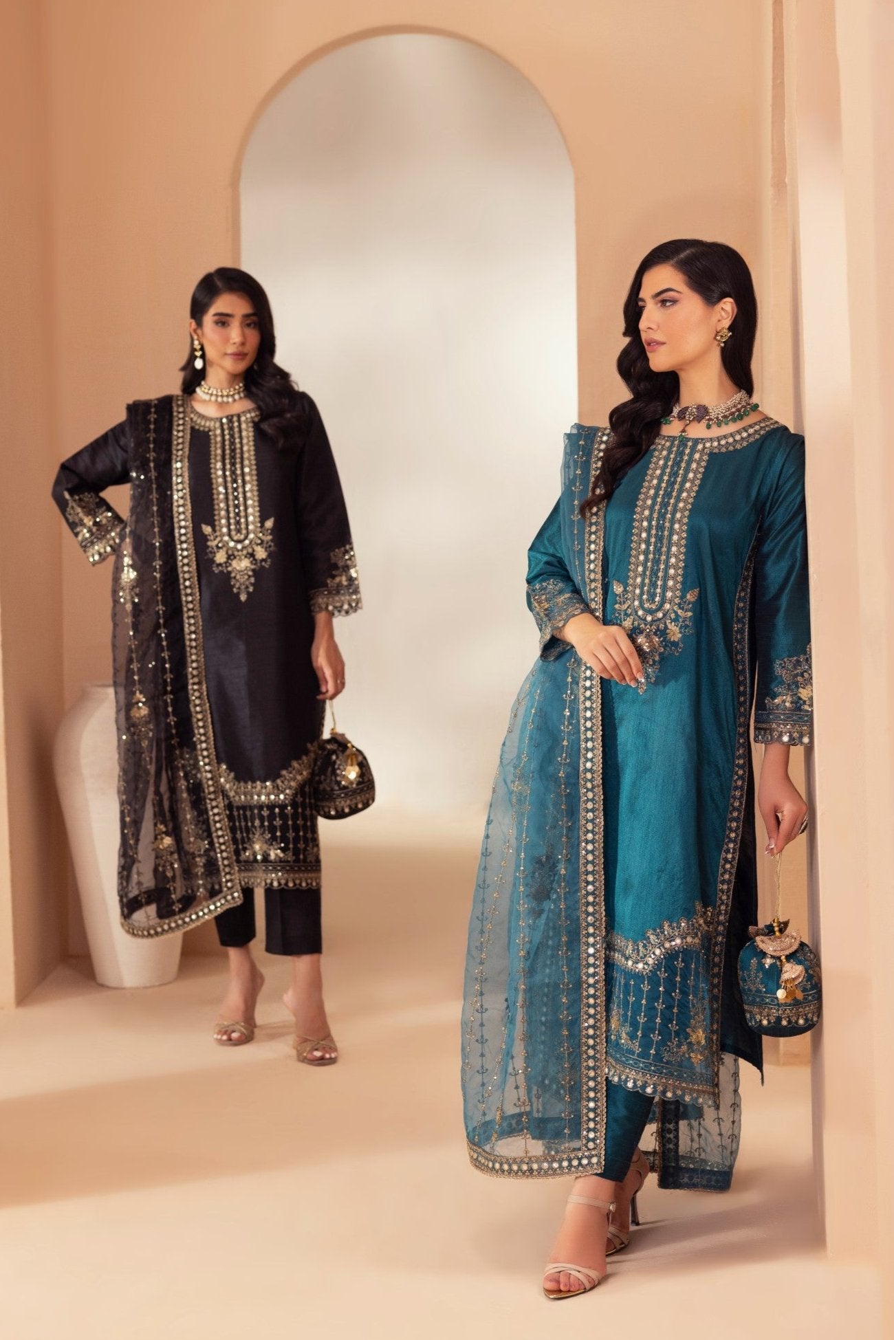 Pakistani Black Embroidered Raw Silk 3-Piece Suit - Image 3
