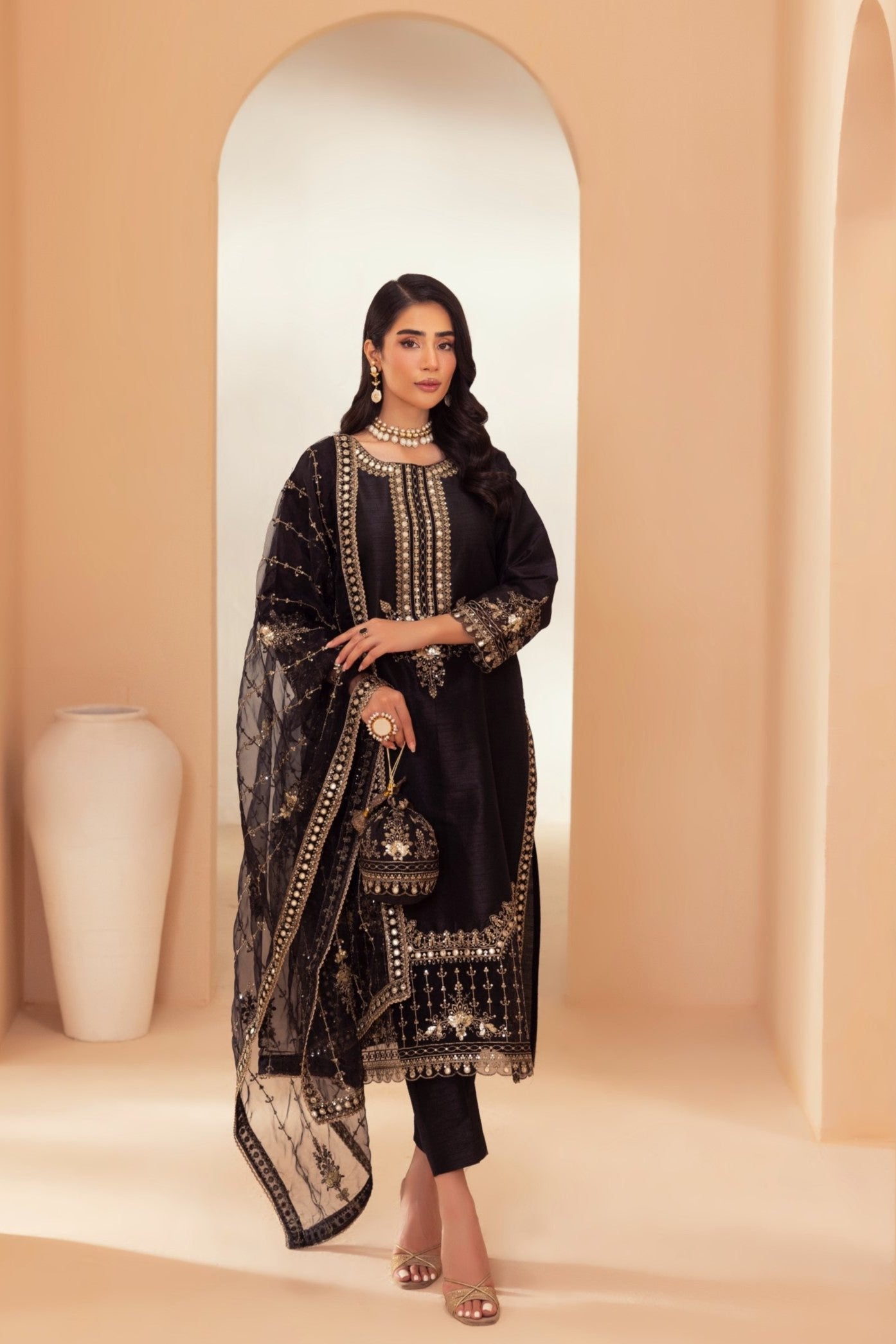 Pakistani Black Embroidered Raw Silk 3-Piece Suit - Image 4
