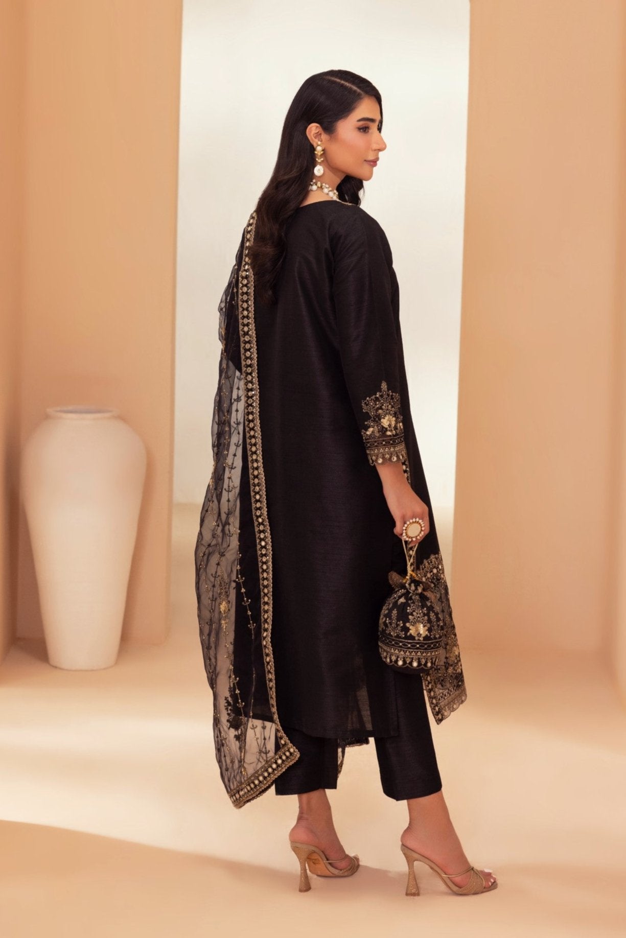 Pakistani Black Embroidered Raw Silk 3-Piece Suit - Image 5