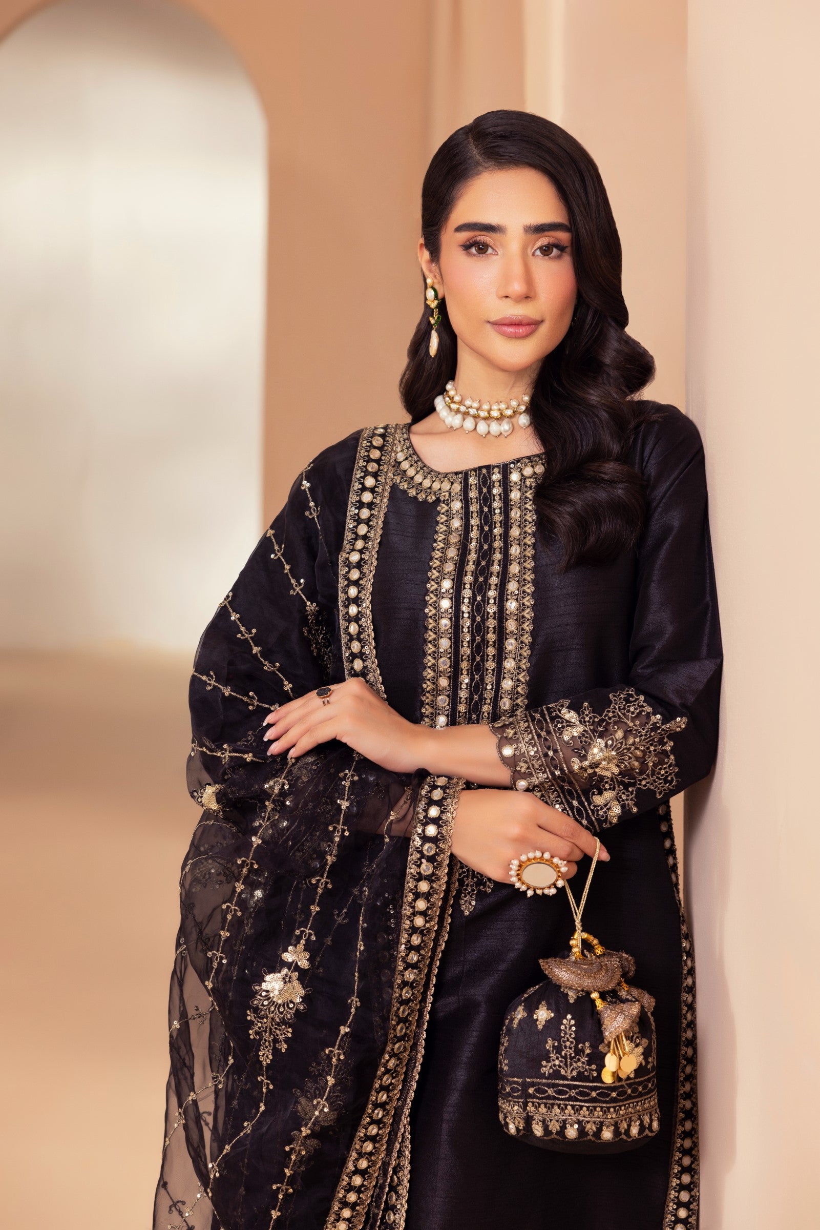 Pakistani Black Embroidered Raw Silk 3-Piece Suit - Image 6