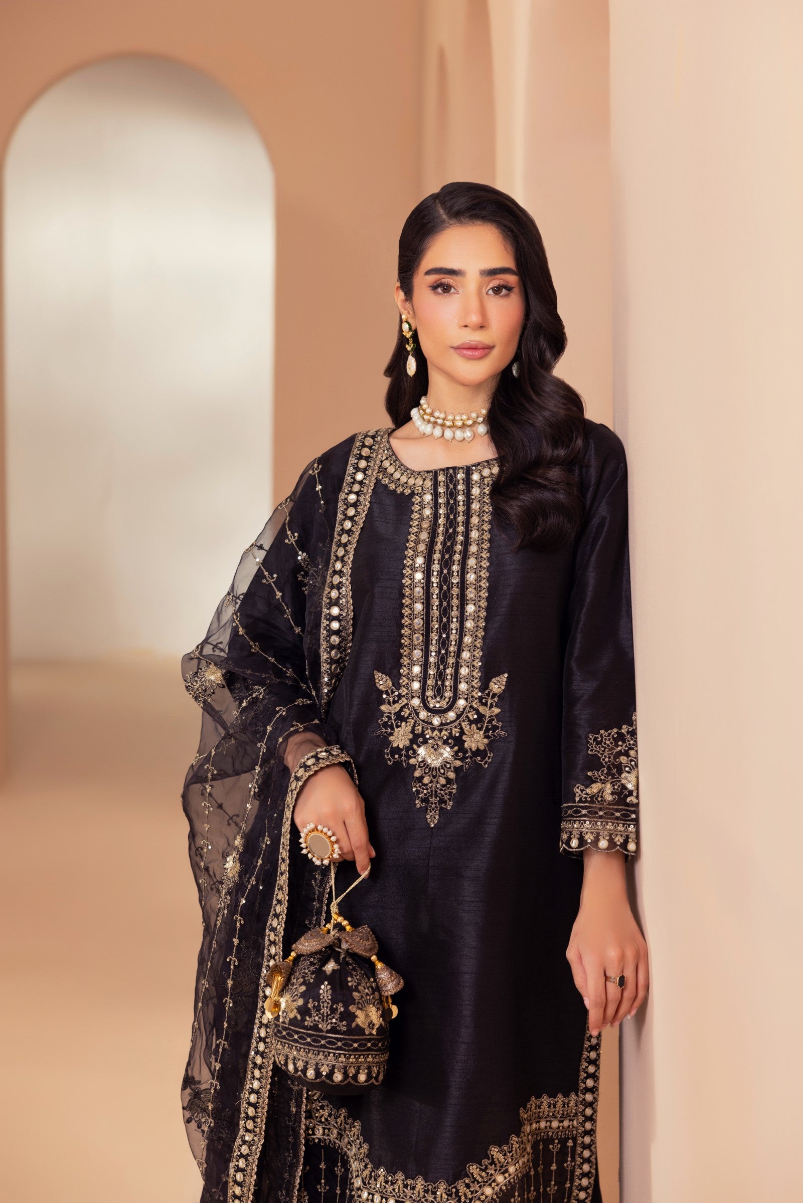 Pakistani Black Embroidered Raw Silk 3-Piece Suit - Image 7