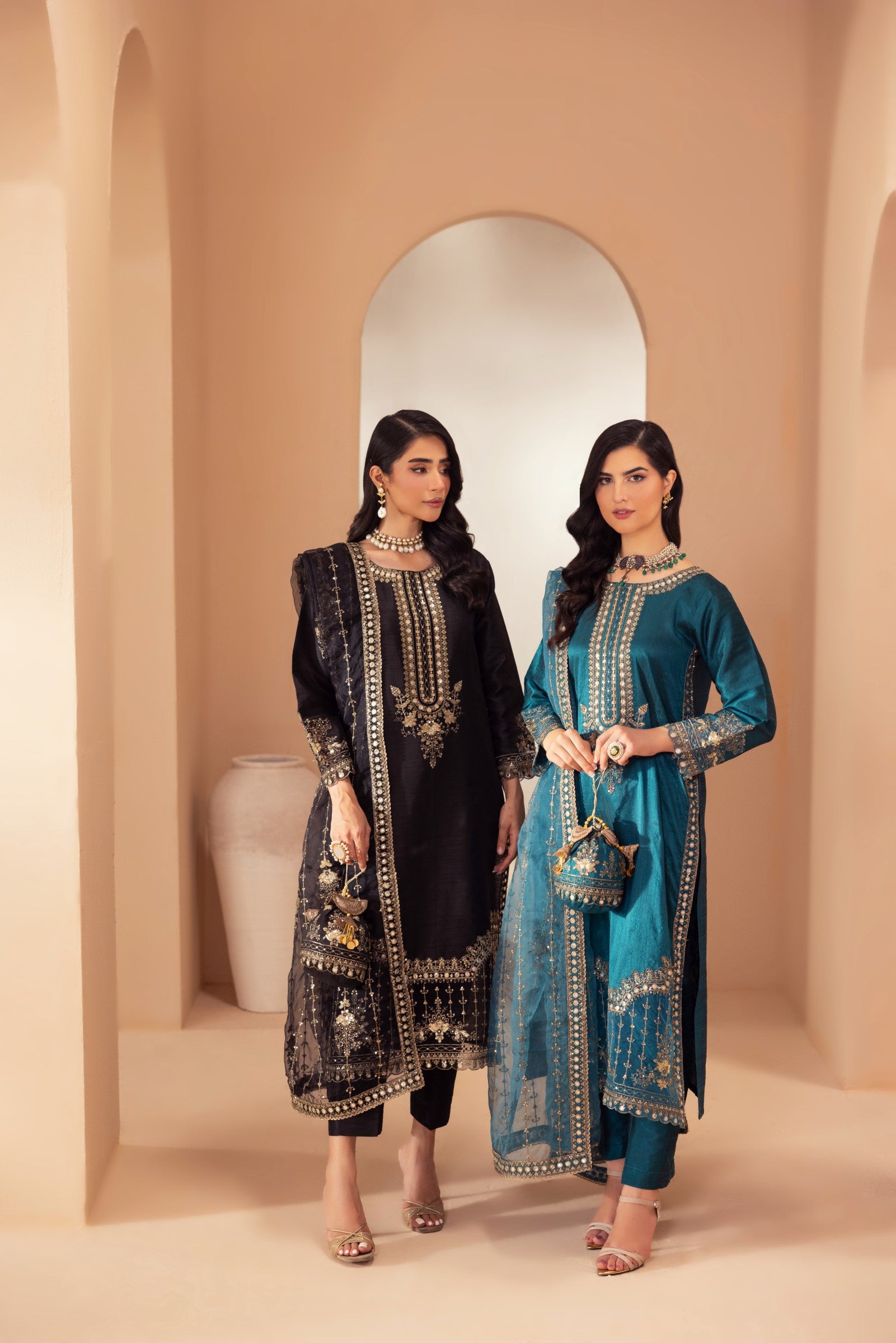 Pakistani Black Embroidered Raw Silk 3-Piece Suit - Image 9