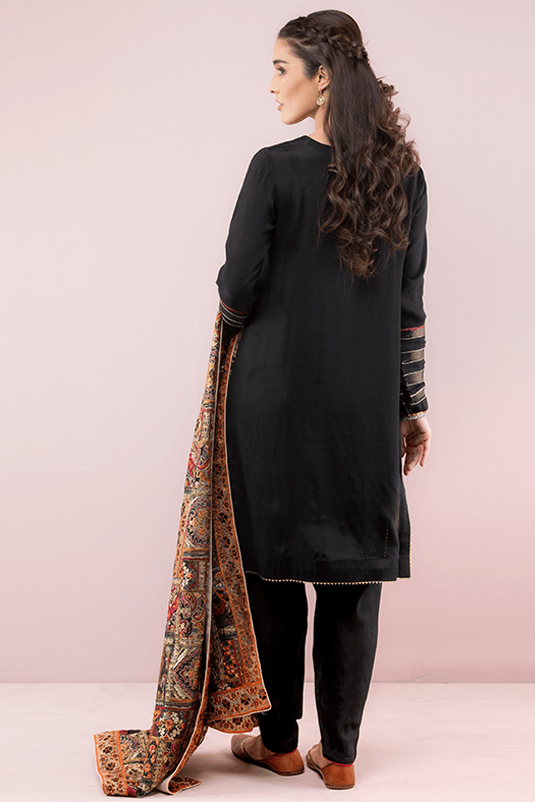 Pakistani Black Embroidered PK Raw Silk Salwar Kameez (3-Piece) - Image 1