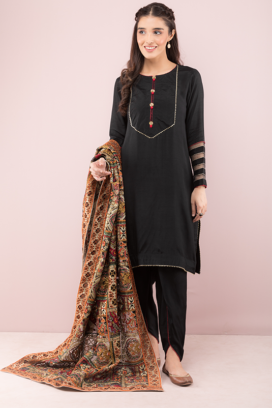 Pakistani Black Embroidered PK Raw Silk Salwar Kameez (3-Piece) - Image 2