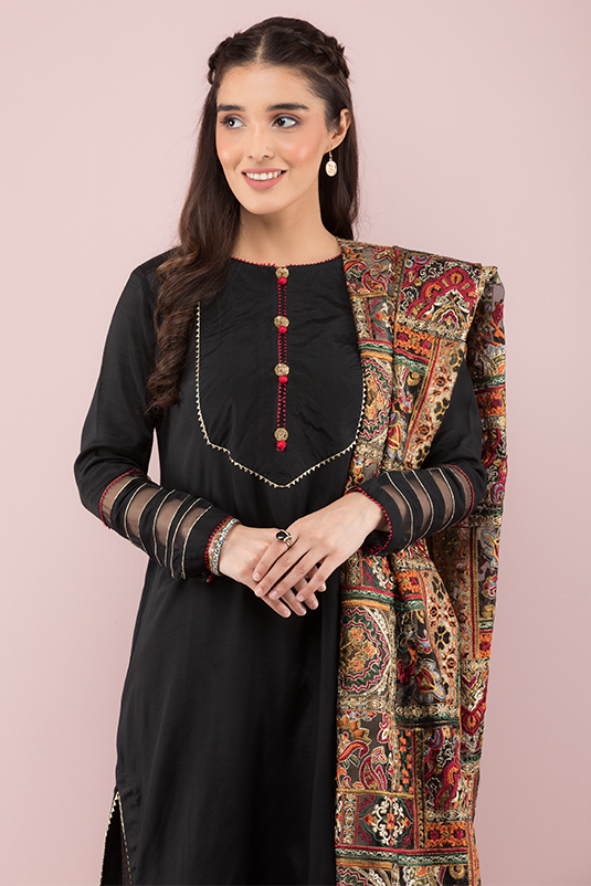 Pakistani Black Embroidered PK Raw Silk Salwar Kameez (3-Piece) - Image 3