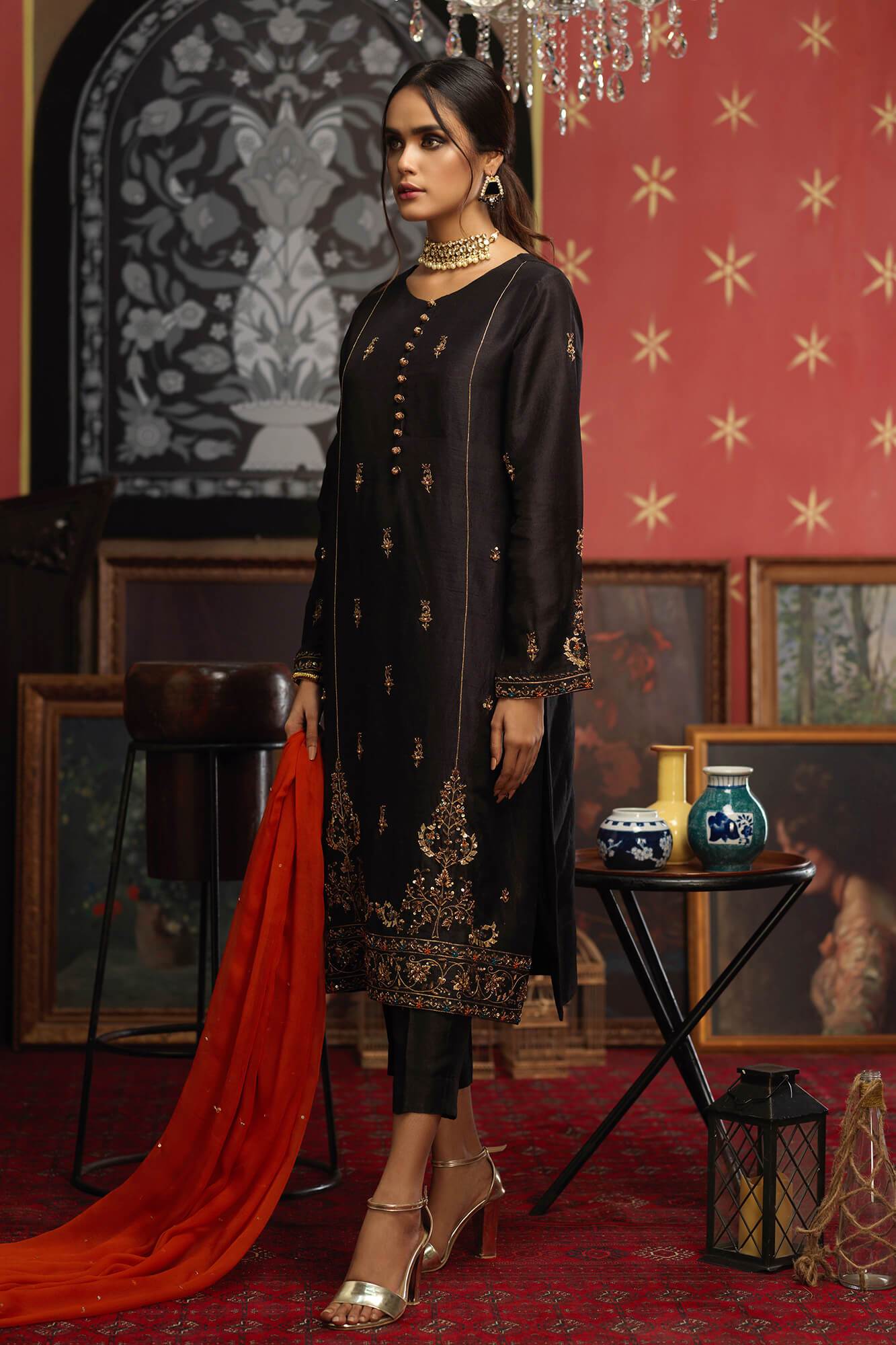 Black Embellished PK Raw Silk Salwar Kameez (3-Piece) - Image 4