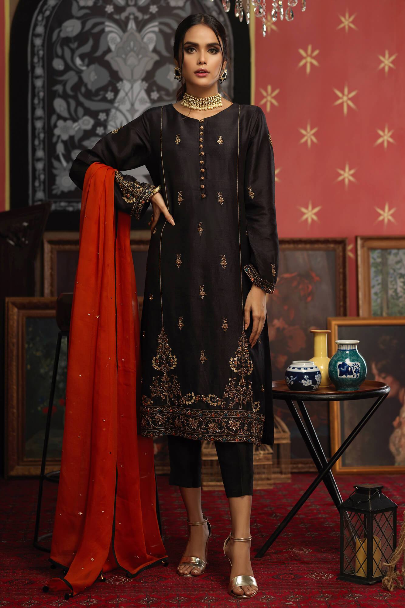 Black Embellished PK Raw Silk Salwar Kameez (3-Piece) - Image 5