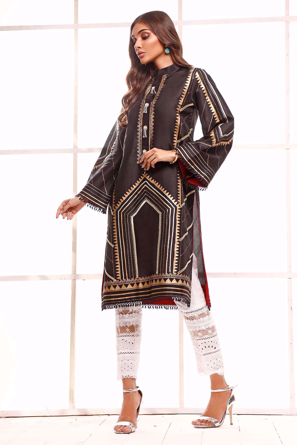 Black Hand Block Printed Silk Salwar Kameez (2-Piece) - Image 1