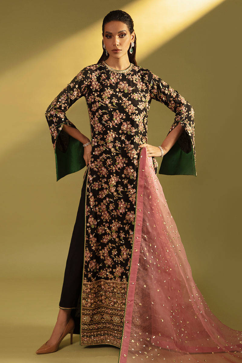 Black Embellished Raw Silk Salwar Kameez (3-Piece) - Image 1