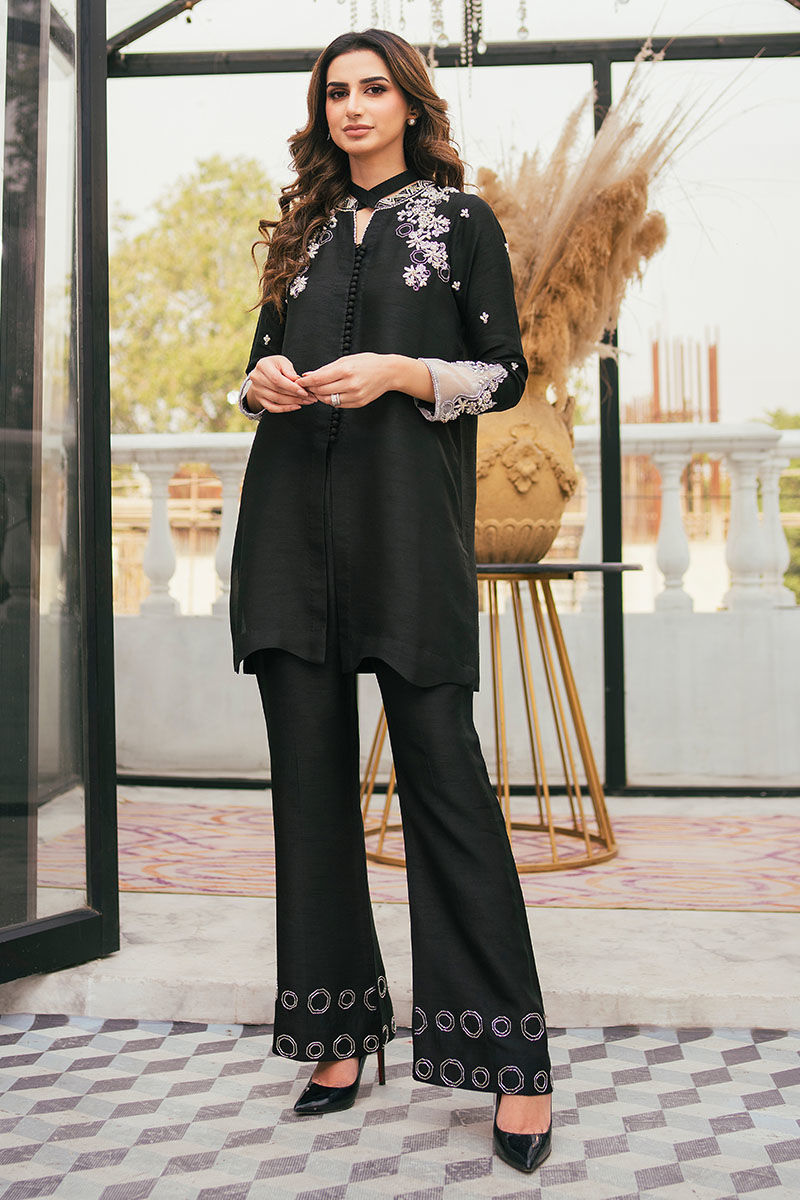 Black & White Hand-Embellished Silk Bootcut Set (2-Piece) - Image 1