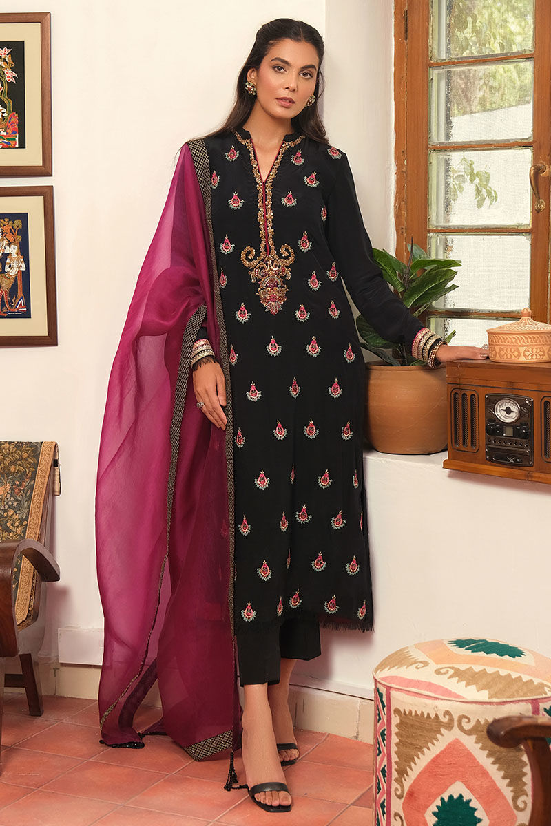 Black Hand Embellished Korean Raw Silk Salwar Kameez (3-Piece) - Image 1