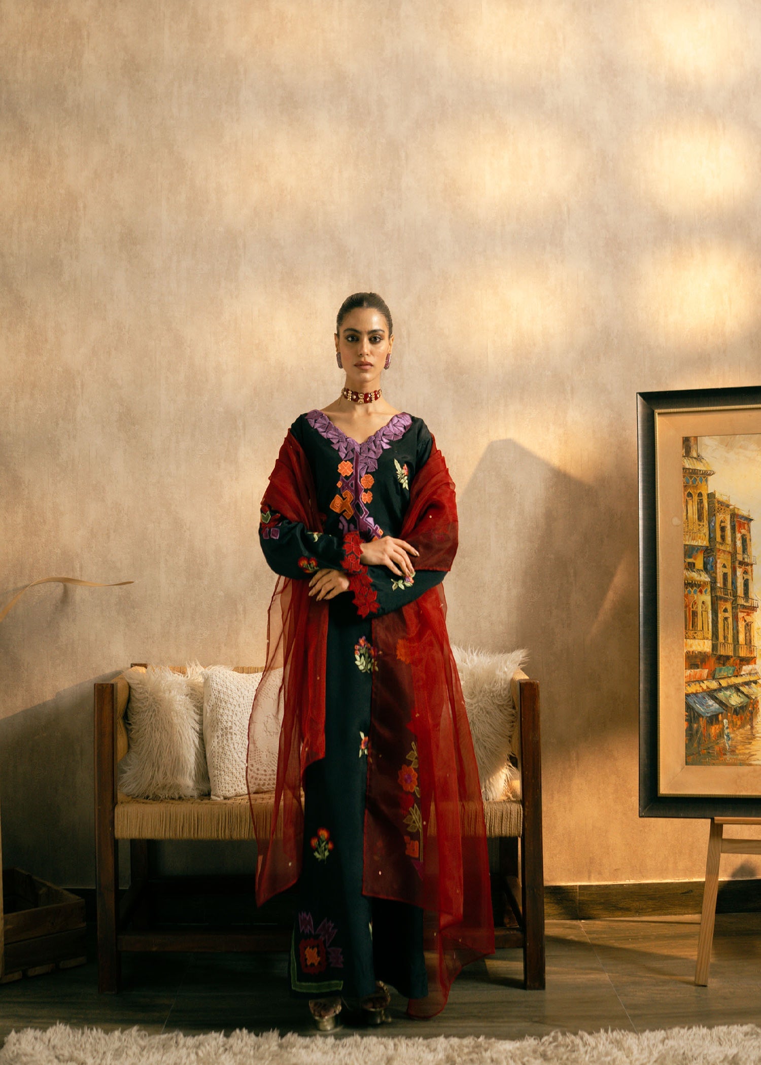 Black Hand-Embroidered Raw Silk Kurta Set (3-Piece) - Image 1