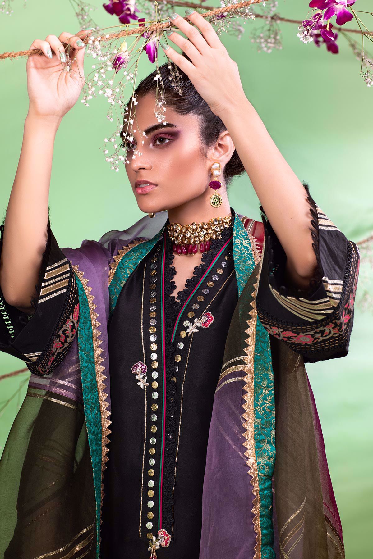 Black Kaamdani Raw Silk Salwar Kameez (3-Piece) - Image 4