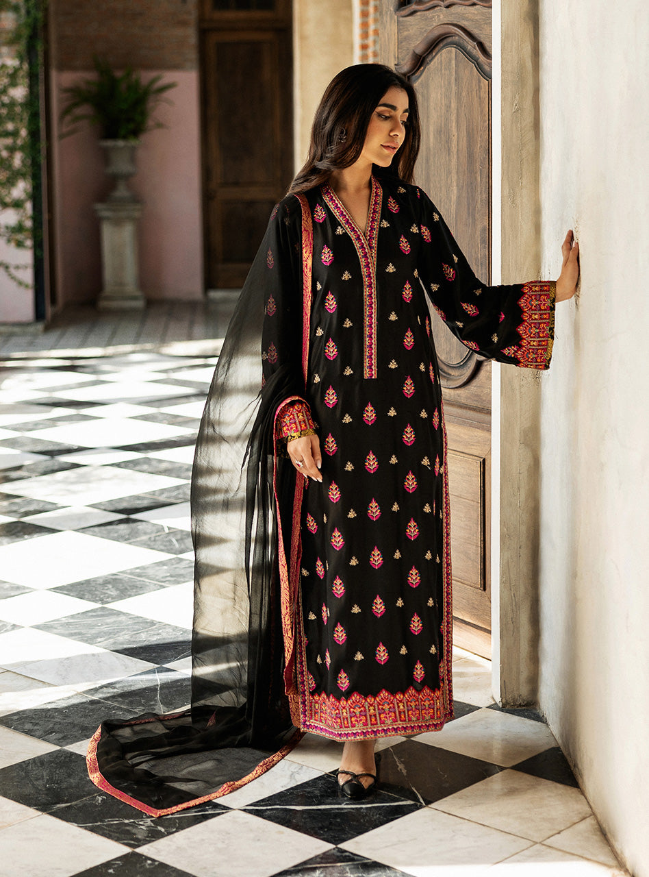 Black Kashmiri Embroidered Raw Silk Long Shirt (3-Piece) - Image 1