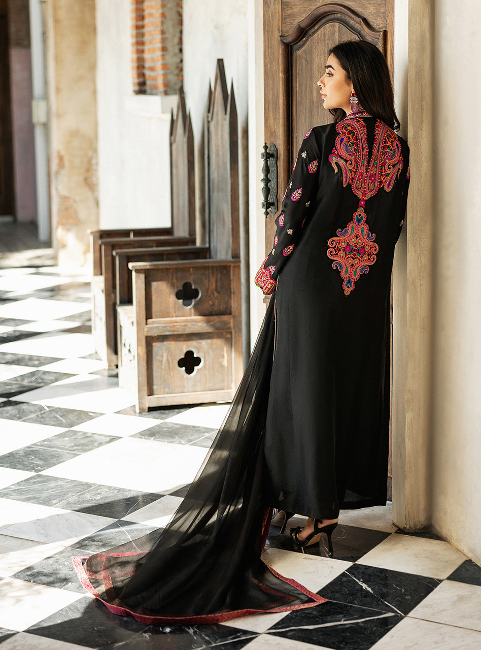 Black Kashmiri Embroidered Raw Silk Long Shirt (3-Piece) - Image 7