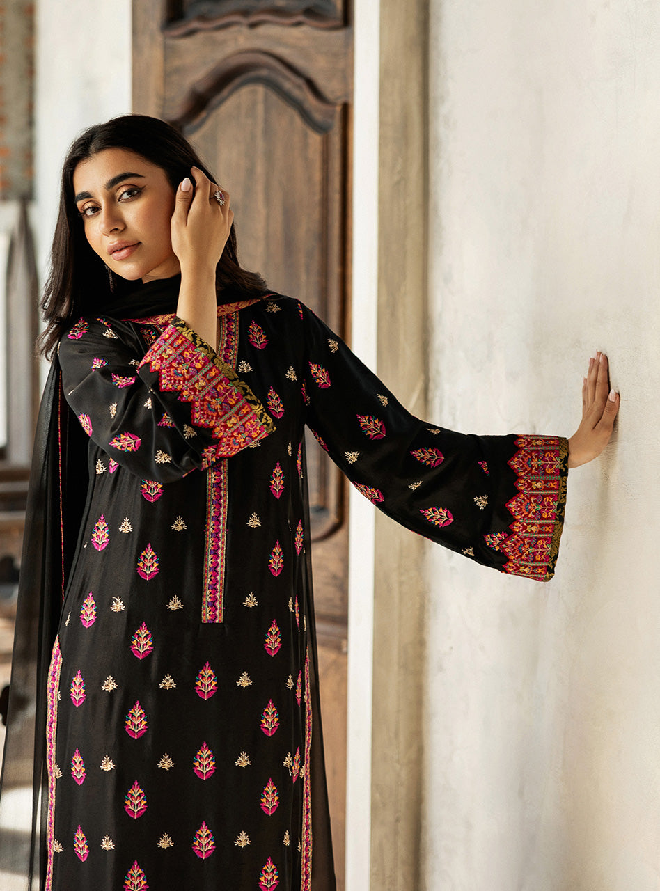 Pakistani Black Kashmiri Embroidered Raw Silk Salwar Kameez (3-Piece) - Image 3