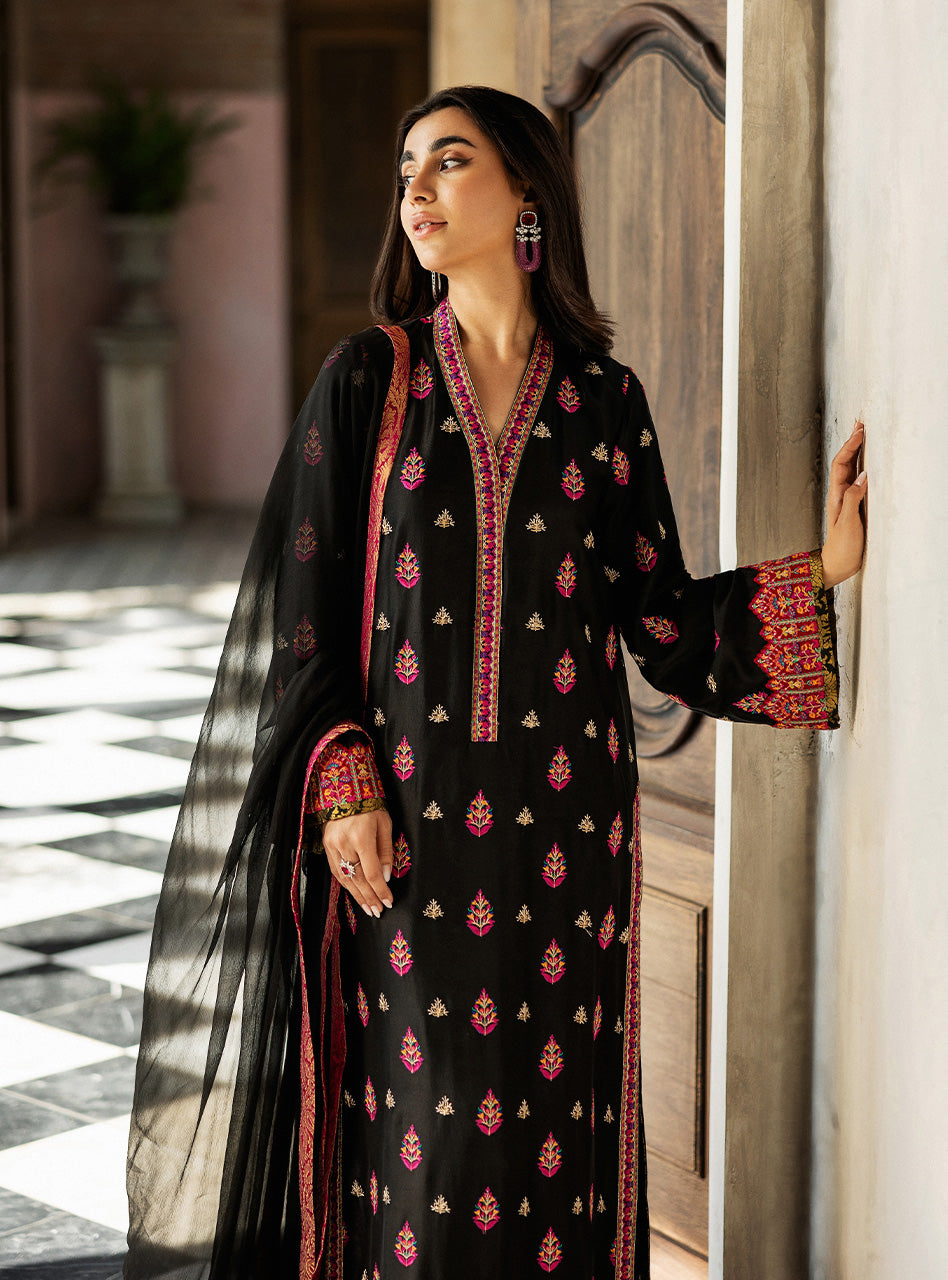 Pakistani Black Kashmiri Embroidered Raw Silk Salwar Kameez (3-Piece) - Image 4