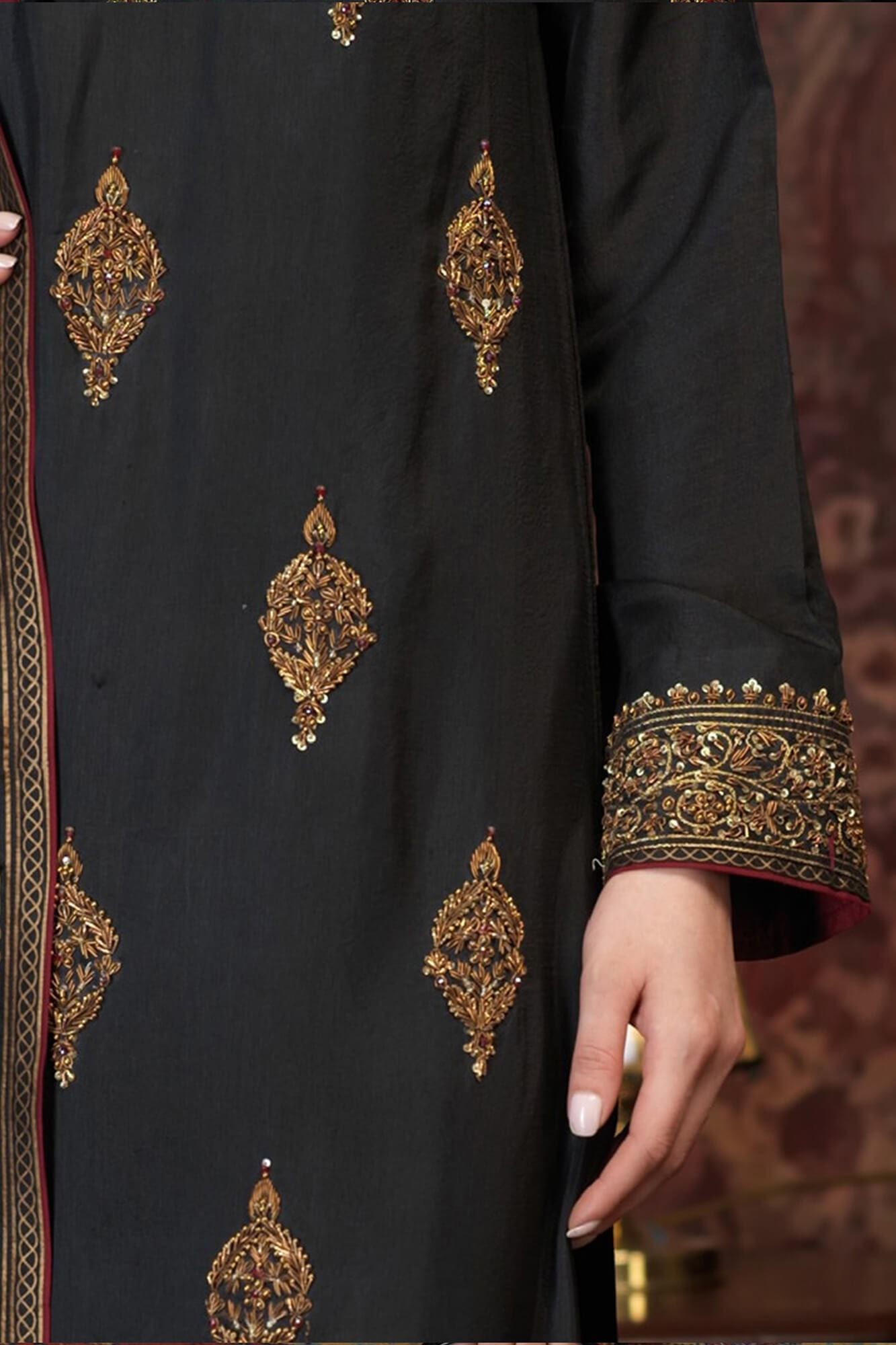 Black Embroidered PK Raw Silk Salwar Kameez (3-Piece) - Image 1