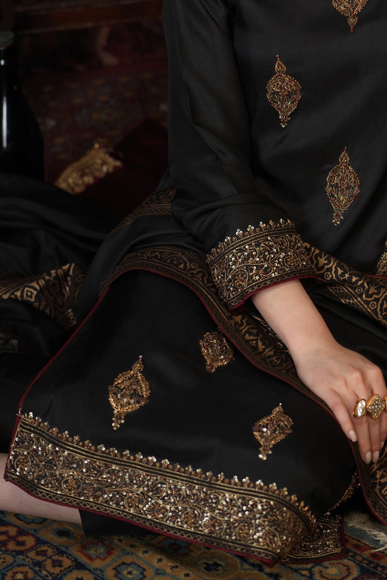 Black Embroidered PK Raw Silk Salwar Kameez (3-Piece) - Image 5