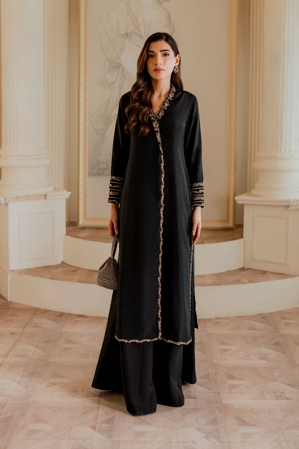 Black Botanical Embroidered Raw Silk Salwar Kameez (2-Piece) - Image 2