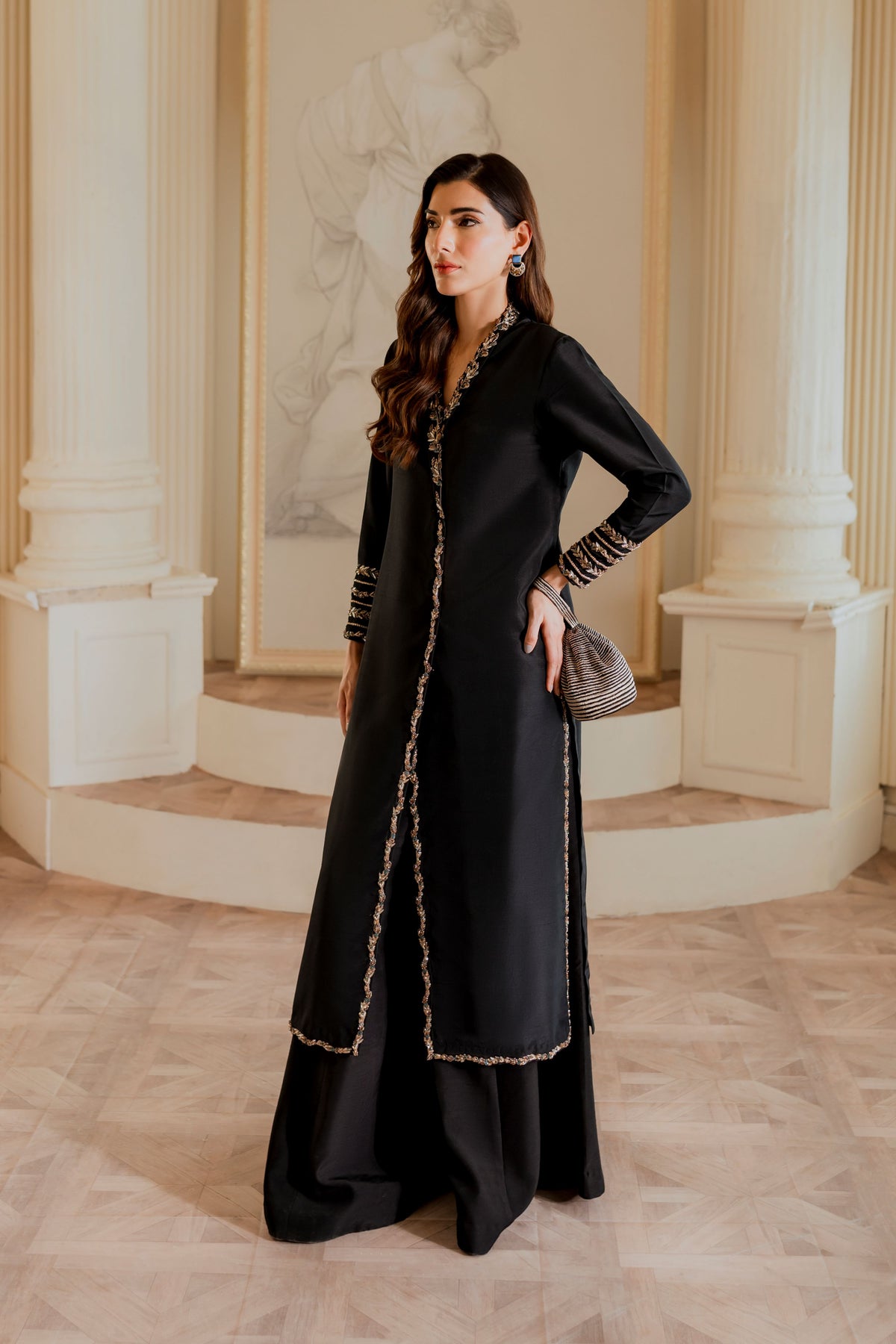 Black Botanical Embroidered Raw Silk Salwar Kameez (2-Piece) - Image 4